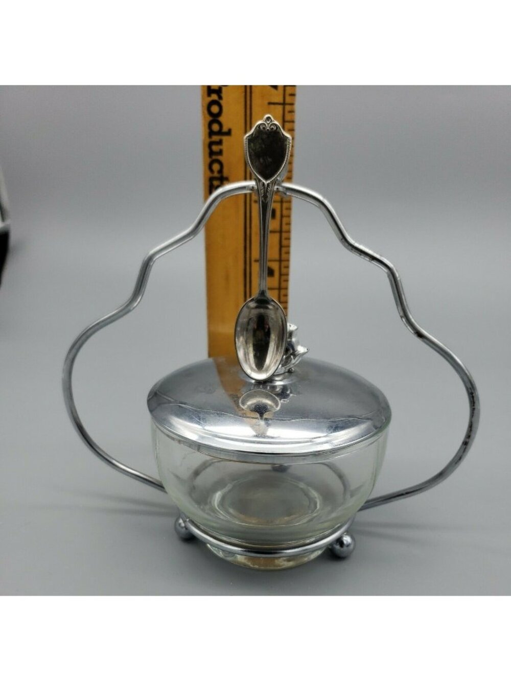 Silver Tone Clear Glass Sugar Salt Dish Spoon 6" tall 4 piece